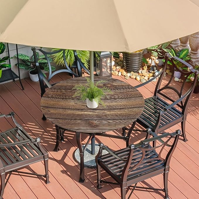 Brown Wooden Texture Round Fitted Tablecloth with Umbrella Hole and Zipper, 45"-56" Outdoor Elastic Tablecloths Wipeable Patio Table Cover for Garden Table Picnic Party BBQs Camping