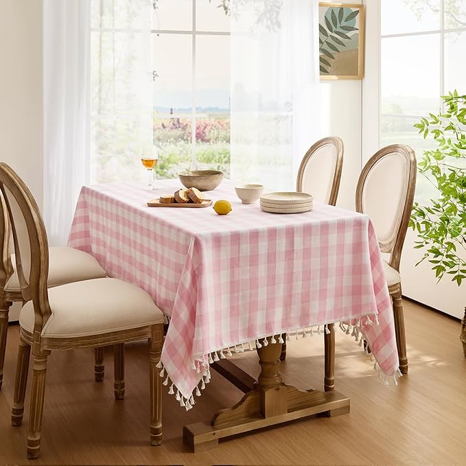 Softalker Valentines Pink Gingham Tablecloth Rectangle, Outdoor Linen Cotton Checkered Table Cloth with Tassel, Heavy Duty Wrinkle Free Plaid Table Cover for Easter Dining Spring Party - 55 x 120 Inch