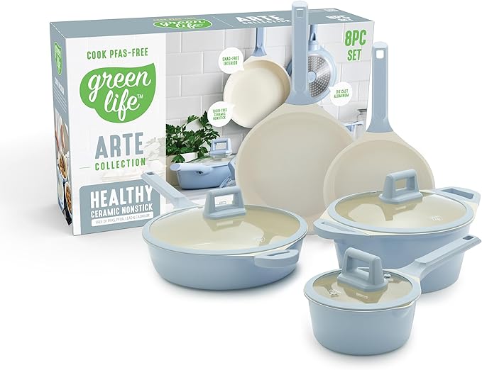 GreenLife 8 Piece Ceramic Nonstick Cookware Set, Induction Suitable Non Toxic PFAS-Free Pots & Pans, Dishwasher Safe, Cooking Set, Stock Pot, Saucepans & Frying Pans, Kitchen Cooking, Light Blue