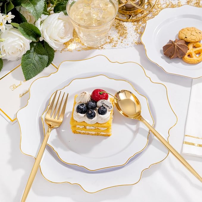 WDF 350PCS White and Gold Plastic Plates - Gold Plates Disposable 50Guest Plastic Dinnerware Ideal for Party/Wedding/Birthday/Valentine's Day