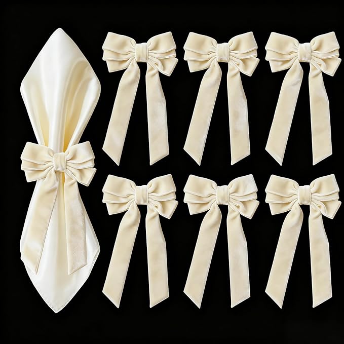 Ivory Velvet Bow Napkin Rings Set of 6 Luxury Soft Velvet Napkin Holders, Elegant Bow Design for Christmas Holiday Dinner Wedding Party Table Decor