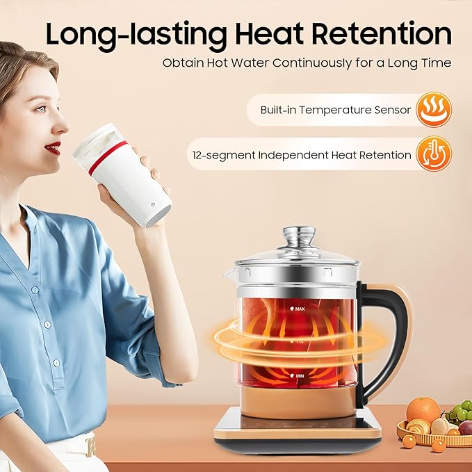 Electric Glass Kettle Kit, 1.8L Glass Hot Boiler With Digital Base, 800W Temperature Control Electric Kettle with Steamed Eggs Holder Hfor Boiling Water, Tea, Coffee