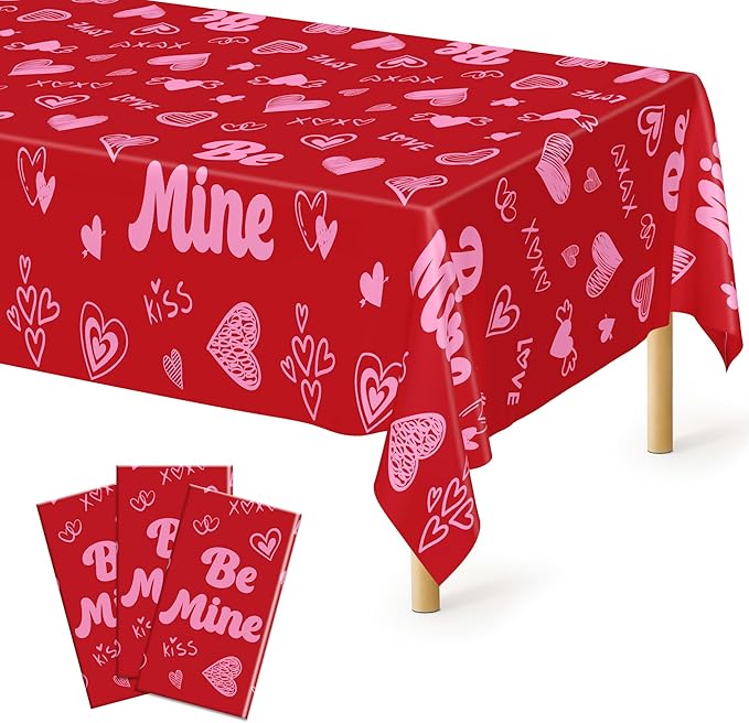 QZYL 3 Pcs Valentines Decorations, 108" X 54" Plastic Valentines Tablecloth, Disposable Love Tablecloth, Pink Table Cloth Rectangle Valentine's Party Favors, Heart Table Cover for Love Wedding Party