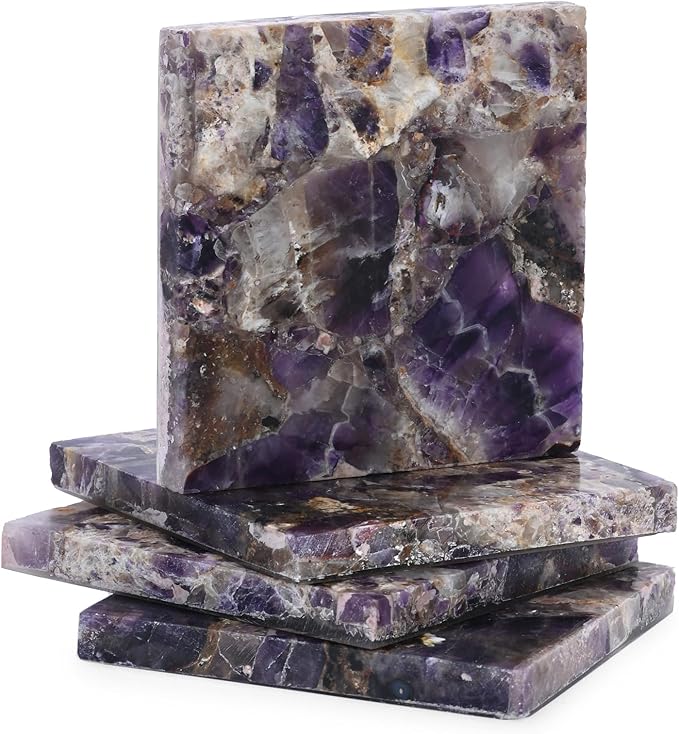 Set of 4 Luxury Natural Amethyst Coasters Set – Handcrafted Stone Drink Coasters for Serveware, Wine Coasters, Bar Coasters, Coffee Table Decor, Housewarming Gift & Wedding Gift – Modern Home Decor