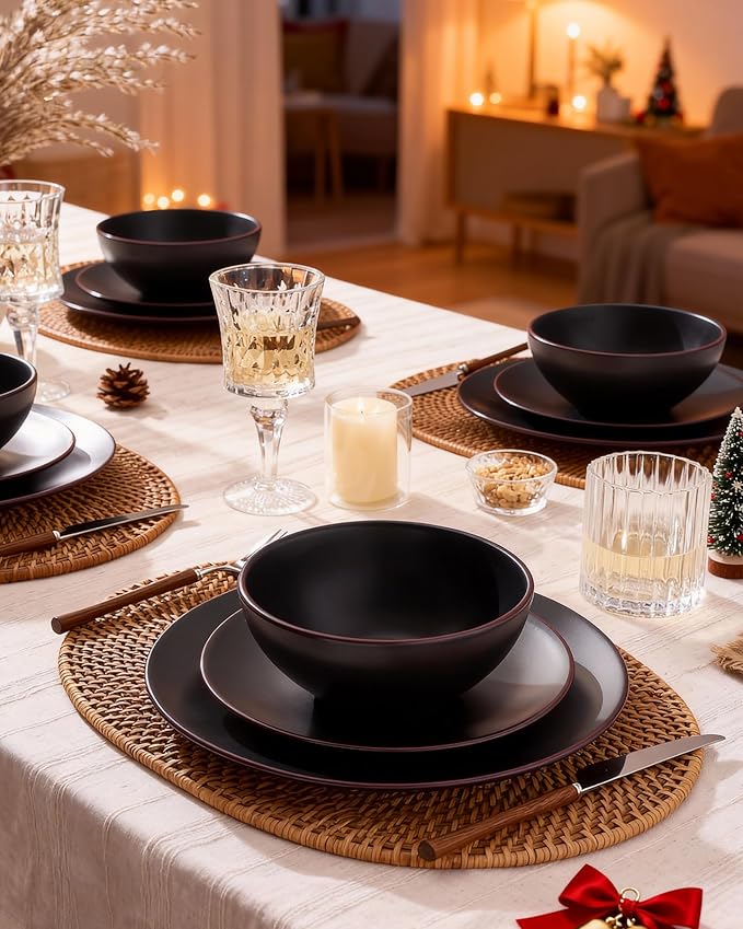 Famiware Venus Ceramic Plates and Bowls Sets, Dinnerware Dish Sets for 8 (24 Pieces) - Microwave and Dishwasher Safe, Matte Black