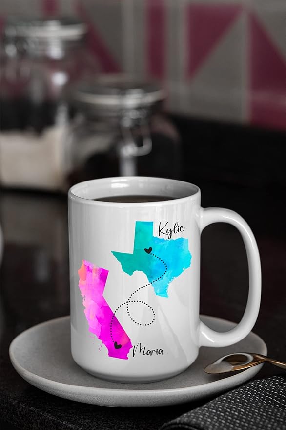 Personalized Long Distance Coffee Mug, Best Friends Quote Custom Mugs, States with Hearts over Cities, Add Names and Quote, State to State Mug, Long Distance Family, Friendship, Relationship Gifts