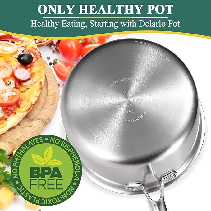 DELARLO Tri-Ply Whole-Clad Stainless Saucepan 3.5 Quart Steamer Set With Glass Lid, Ergonomic Handle, Vegetable Steamer, Multipurpose Sauce Pan, Kitchen Sauce Pot, Oven Safe