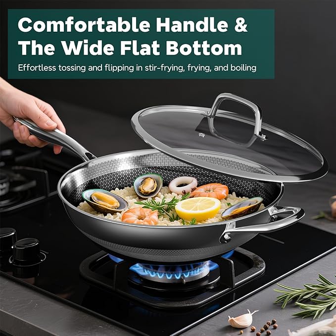 Wok Pan, 13-Inch Stainless Steel Woks & Stir-Fry Pans Nonstick, Wok Pan with Lid for Induction, Electric, Gas, Halogen, All Stoves, Professional PFOA Free Cookware, Dishwasher & Fast Heat