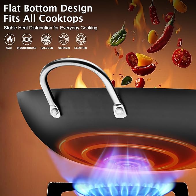 WANGYUANJI Iron Wok,12.59 inch Woks for Stir-fry, Chinese Stir Fry Pan Uncoated, Traditional Flat Bottom Iron Pot for Induction, Electric, Gas, Suitable for All Stoves(Pure Iron Wok)