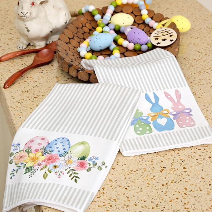 ARKENY Easter Kitchen Towels Set of 2,Beige Pink Bunny Floral Eggs Dish Towels 18x26 Inch Drying Dishcloth,Farmhouse Home Seasonal Spring Decorations AD217