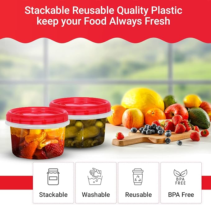 [Red - 12 Pk] Airtight Deli Containers with Lids Twist Lock Top Clear Food Storage for Meal Prep Snacks and Leftovers Freezer and Microwave Safe Stackable Leak-Resistant and 12 Pc. Set (16 Ounce)
