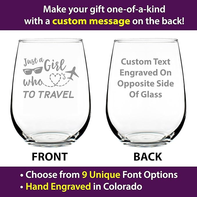 Custom Girl Who Loves To Travel - Personalized Stemless Wine Glass - Gifts for Travelers Women - Large 17 Ounce Glasses - Customized Wine Glass Gift