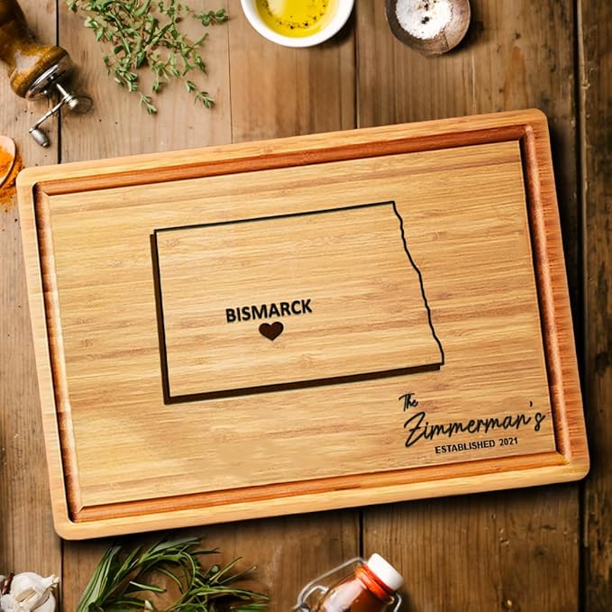 Destination Cutting Board North Dakota Gifts, Personalized Wooden States Decor, Bamboo State Cutting Boards - Map Decor for Home, USA Gifts