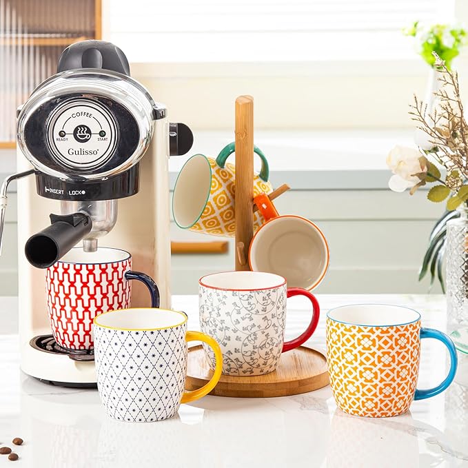 Ceramic Coffee Mugs Set - 10 Oz Large Porcelain Tea Cups with Handle for Cappuccino Latte Cocoa Milk Tea - Christmas Housewarming Gift - Microwave Dishwasher Safe - Set of 6 - Assorted Colors