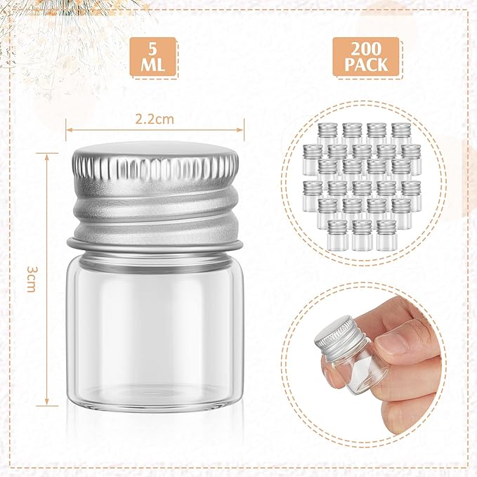 Tessco for you 200 Pcs 5 ml Mini Glass Bottles with Aluminum Cap Tiny Jars Mini Glass Jars Small Clear Vials with Screw Caps Tiny Containers for DIY Craft Storage (Silver)