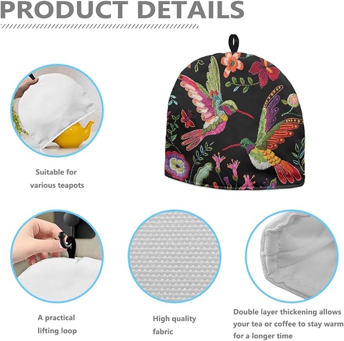 Tea Cozy for Teapots with Handle, Hummingbird & Floral Print Dust Insulated Cover, Hanging Fold-Up Design, Suitable for Kitchen and Living Room Table Decoration