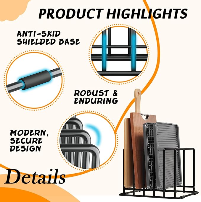 Baking Sheet Organizer Rack – 5-Slot Bakeware & Cookie Tray Holder for Kitchen Cabinet or Countertop, Stainless Steel Cutting Board Rack with Rust-Resistant Frame & Anti-Slip Feet