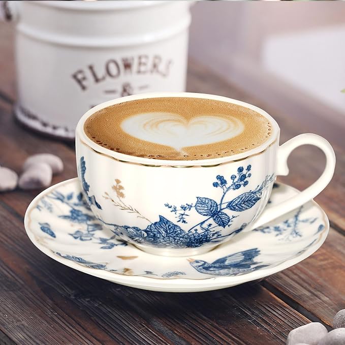 Tea Cups and Saucers Coffee Cappuccino Espresso Latte Cup Mugs Special Gold Line Ceramic Cup Porcelain Tea Cups Set of 2 (7 oz) for Gifts,Party,Gatherings, Afternoon Teas,Receptions