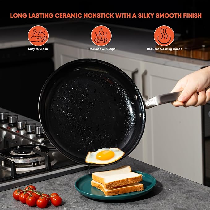 5 Ply Ceramic Non Stick Frying Pans - 12 Inch Stainless Clad Nonstick Skillet, Toxic, PTFE & PFOA FREE, Professional Cookware for Induction, All Stoves and Oven up to 650°F