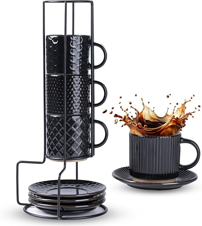 GBhome 6OZ Stackable Coffee Mugs with Stand and Saucer, Ceramic Coffee Mugs Set of 4 with Texture Patterns for Man,Woman,Dad,Mom, Modern Coffee Cups for Latte/Espresso. Dishwasher&Microwave Safe