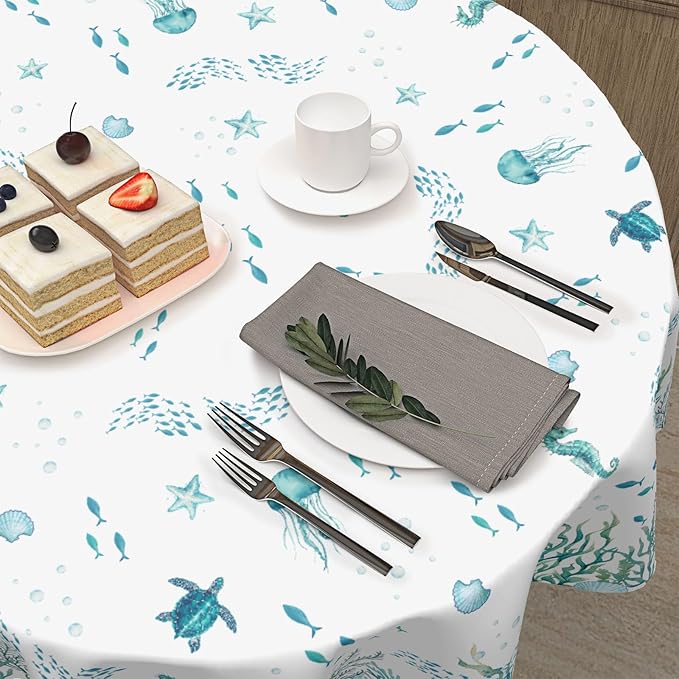 Summer Coastal Round Tablecloth 70 Inch Nautical Sea Turtle Seaweed Jellyfish Polyester Table Cloth Rustic Farmhouse Beach Theme Table Cover for Kitchen Dinner Party Decor