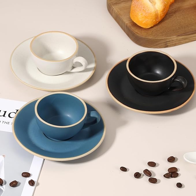 uxcell Handmade Vintage Espresso Cups, 3 oz Coffee Cups and Saucers Ceramic Tea Cup with Handle Dishwasher and Microwave Safe for Latte Cappuccino Milk Office Home Gifts, Morandi White