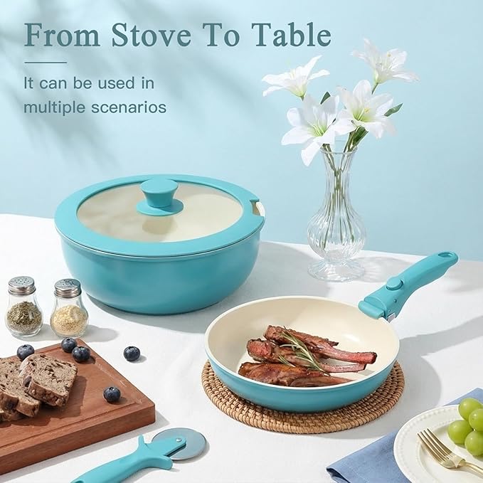 GIPP 11pcs Pots and Pans Set Non Stick, Nonstick Cookware Set Detachable Handle,Ceramic Pots for Cooking Non Stick with Removable Handle, RV Cookware Set, Light Blue Gradient