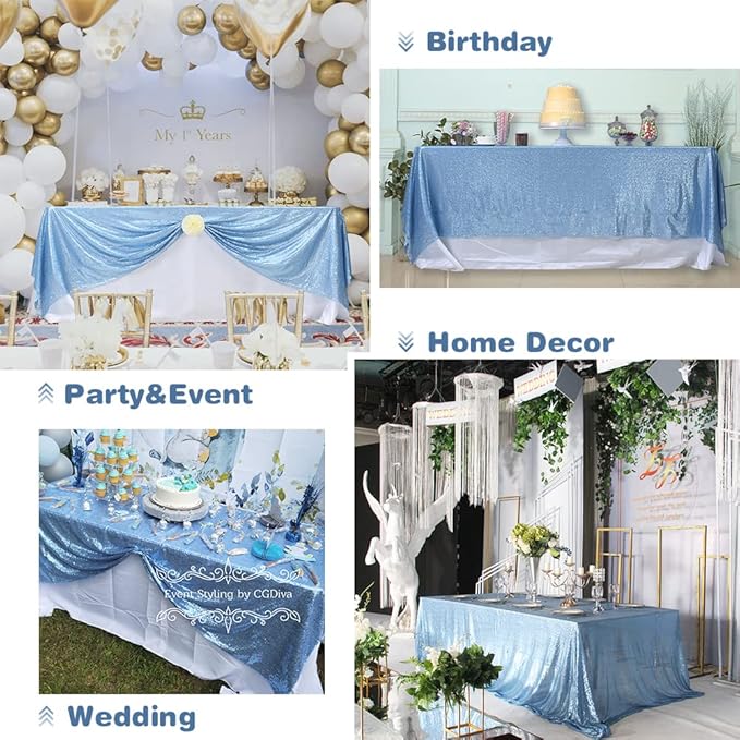 Eternal Beauty Baby Blue Tablecloth, 90x132 Inch Sequin Rectangle Table Cover for Cake Dessert Exhibition Party Birthday Events