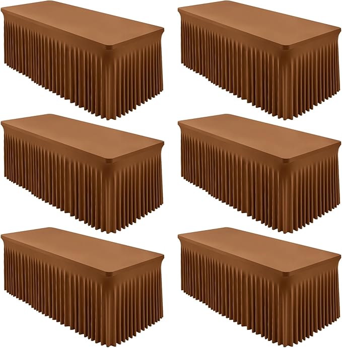 6 Packs Brown Spandex Tableclothes for 8 Foot Rectangle Table, Spandex Table Covers 8FT Stretch Table Skirts Wrinkle Free Fitted Table Cloth for Event, Wedding, Banquet & Parties