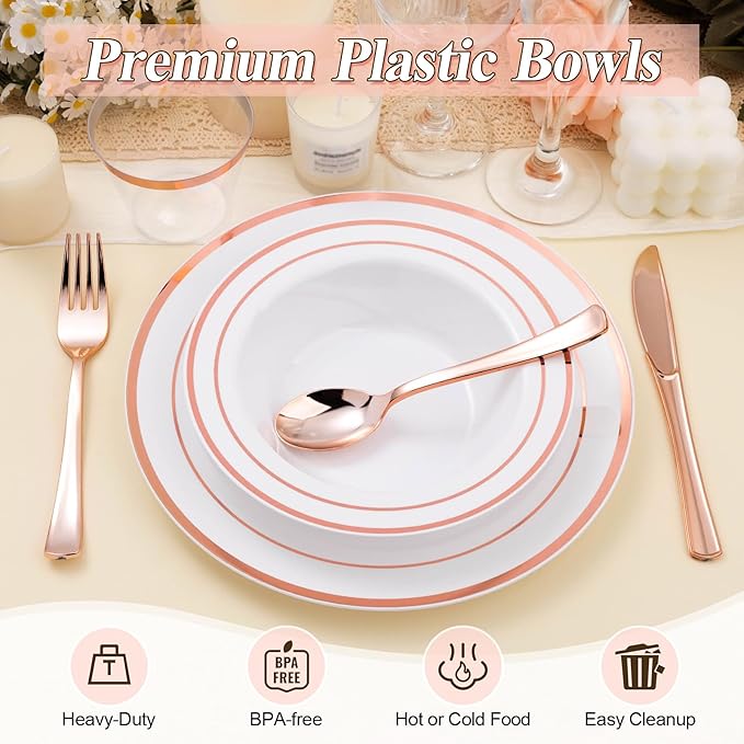 BESTSTAR 100 Pack Disposable Soup Bowls with Rose Gold Rim, 12oz Premium Heavy Duty Plastic Dinner Bowls for Party, Wedding and Holiday