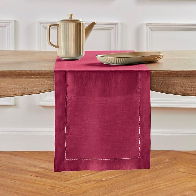 Solino Home Linen Table Runner 36 Inches - 100% Pure Linen Beet Hemstitch Table Runner 14 x 36 Inch Ideal for Dresser and Coffee Tables - Valentines, Easter, Winter - Classic Hemstitch