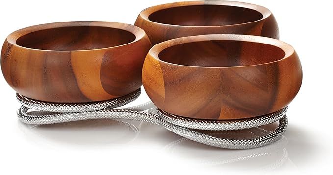 nambe Braid Condiment Server | Serving Bowl for Side Dishes, Dips, Appetizers | Chrome Base | Acacia Wood Dip Bowls | 3 Piece Serving Set | 12-Ounce Bowls