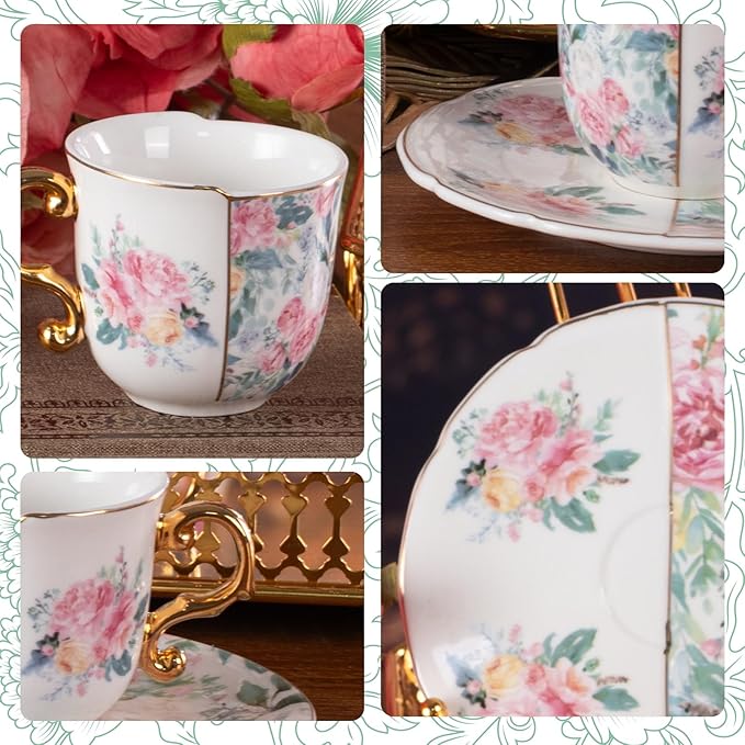 KAMMAK Tea Cups and Saucers Set of 2, Porcelain Coffee Cups, 4-Ounce Stackable Espresso Mugs, Ceramic Demitasse for Coffee, Latte, Americano, Tea, Western Peony