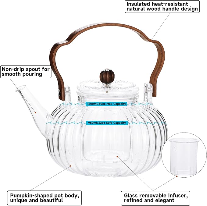 40OZ/1200ML Glass Pumpkin Teapot with Removable Infuser & Lid, Stovetop & Microwave Safe Clear Borosilicate Glass Tea Maker Water Kettle for Loose Leaf Blooming Tea