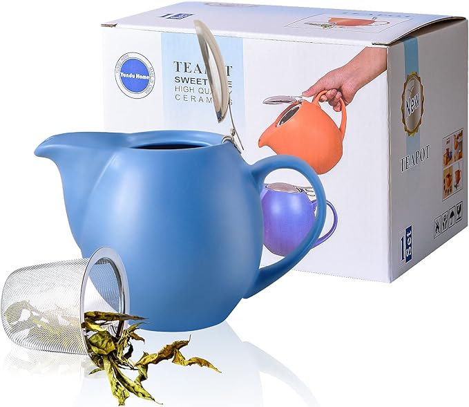 Yundu 32 ounce Blue Porcelain Tea Pot - Stainless Steel Lid and Fine Infuser To Brew Loose Leaf Tea, Enough For 4 Cups
