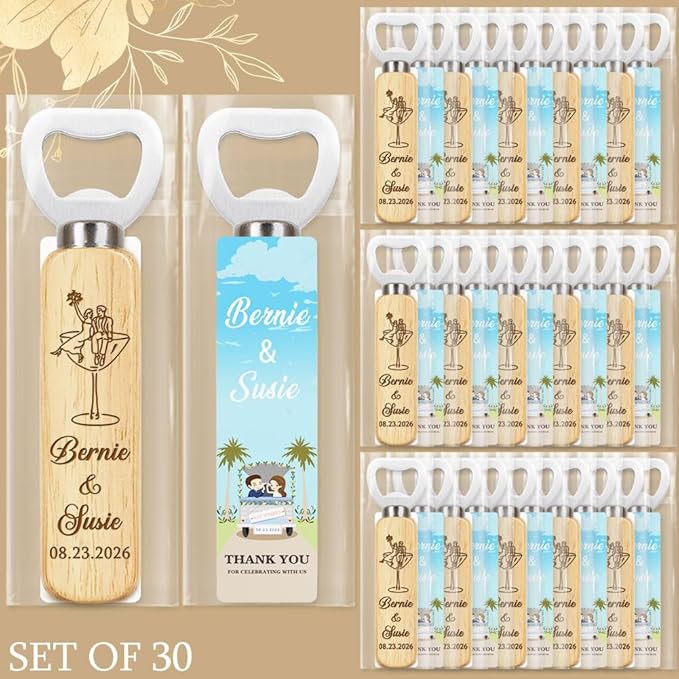 Personalized Wedding Favor Gifts for Guest, Wooden Bottle Openers Set with customized Couple's Names & Wedding Date, Set of 6-150 with Optional Thank You Cards