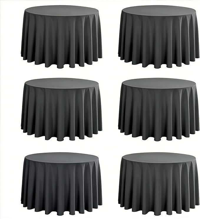 6-Pack Round 120-inch Grey Table Cloths, Solid Stain and Wrinkle Resistant Circular Tablecloth, Premium Plain Weave Polyester Fabric Table Linen Covers for Hotel, Banquet