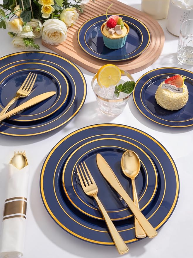 350PCS Navy Blue and Gold Plastic Plates with Rolled Napkins Include Dinner Plate 10’’, Dessert Plate 7’’, gold Cups 9 OZ, Pre Rolled Napkins 25 of each type for Party/Birthday/Wedding