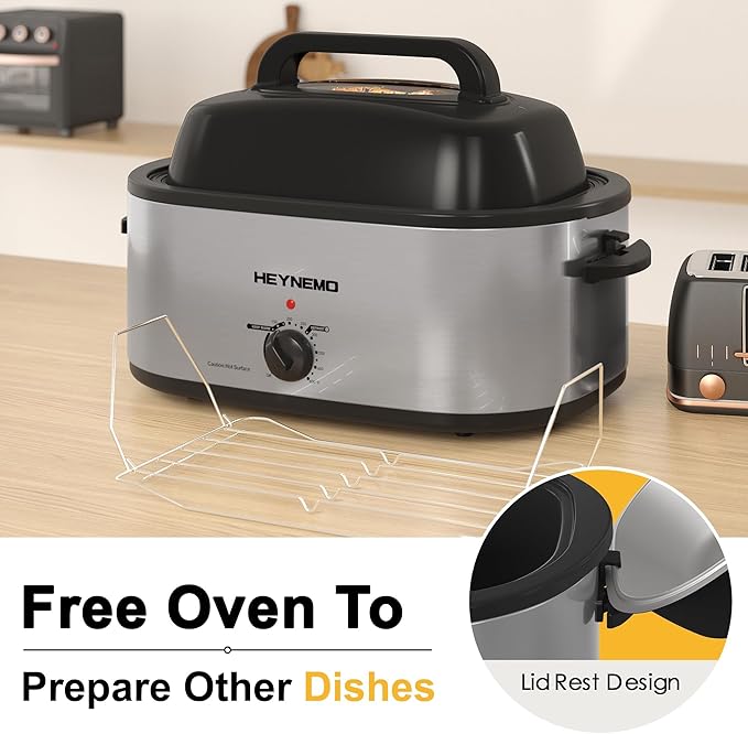 24QT Electric Roaster Oven, Electric Turkey Roaster with Viewing & Self-basting Lid, Stainless Steel Turkey Roaster Oven, Silver