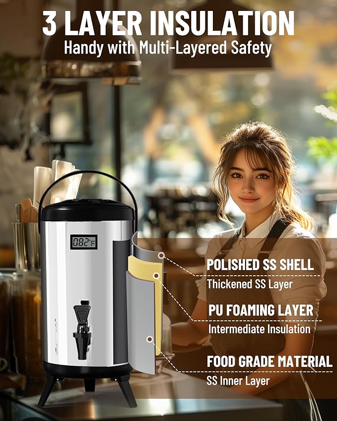 Insulated Beverage Dispenser - 8L/2.1Gal Silver Stainless Steel, Single, LCD Thermometer, Triple-Layer Insulated, Non-Electric Hot & Cold Drink Dispenser for Coffee, Tea