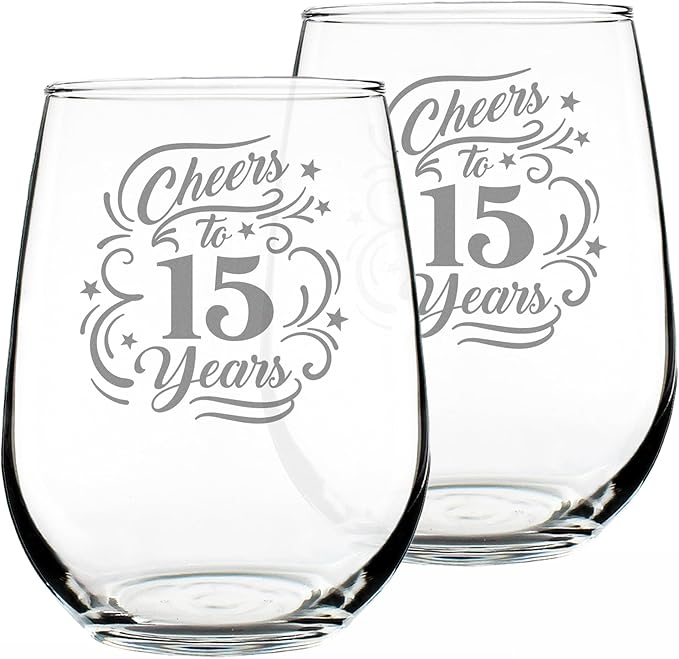 Bevvee Cheers to 15 Years - Stemless Wine Glass Gifts for Women & Men - 15th Anniversary Party Decor - Set of 2 - Large 17 Oz Glasses