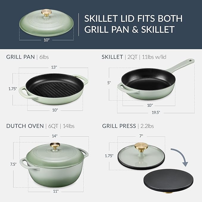 Best Choice Products Non-Stick Pot & Pan Cookware Set, Cast Iron, 2Qt Skillet W/Lid, 10" Grill Or Griddle Pan W/Press, 6Qt Enameled Dutch Oven, Non-toxic, For Cooking & Grilling - Sage
