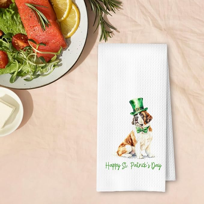 St. Patrick's Day Saint Bernard Kitchen Towels, Saint Bernard Gifts Dish Tea Towel for Kitchen Decor, Irish Leprechaun Hat Dog Hand Towels for Bathroom Decor, 16x24 Inches