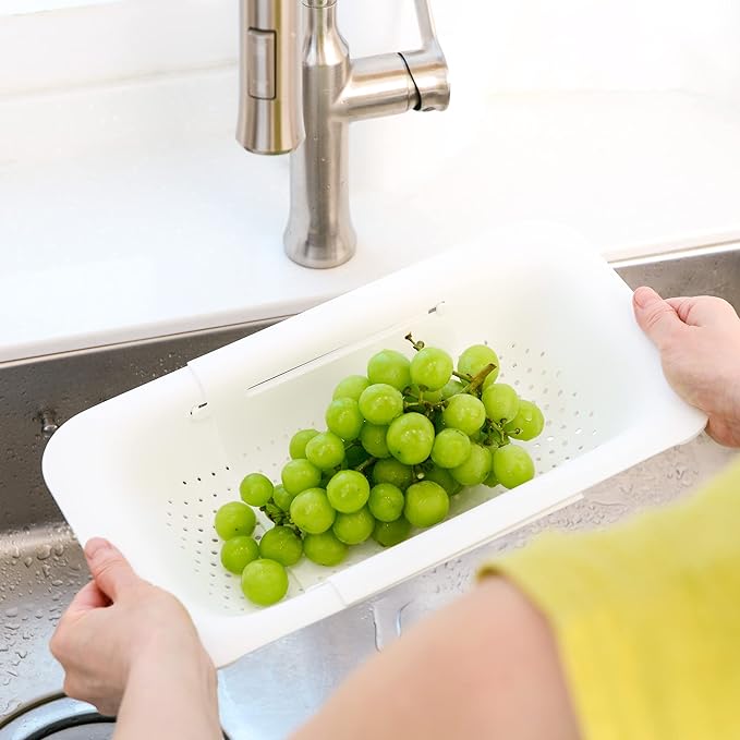 BLUE GINKGO Over the Sink Colander Strainer Basket - Wash Vegetables and Fruits, Drain Cooked Pasta and Dry Dishes - Extendable - New Home Kitchen Essentials (White, 2 Pack)