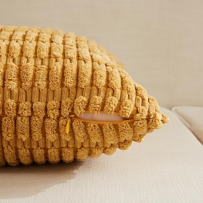 Fancy Homi 4 Packs Mustard Yellow Decorative Throw Pillow Covers 14x14 Inch for Couch Bed Sofa, Rustic Farmhouse Boho Home Decor, Soft Plush Striped Corduroy Square Cushion Case 35x35 cm