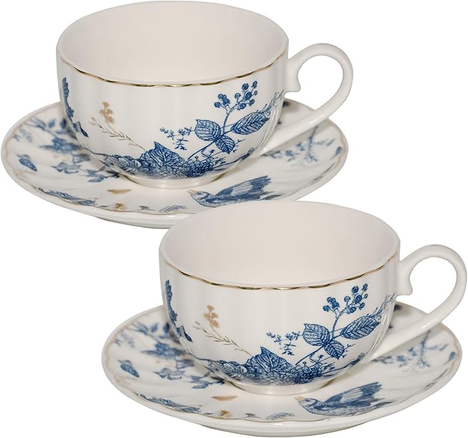 Tea Cups and Saucers Coffee Cappuccino Espresso Latte Cup Mugs Special Gold Line Ceramic Cup Porcelain Tea Cups Set of 2 (7 oz) for Gifts,Party,Gatherings, Afternoon Teas,Receptions