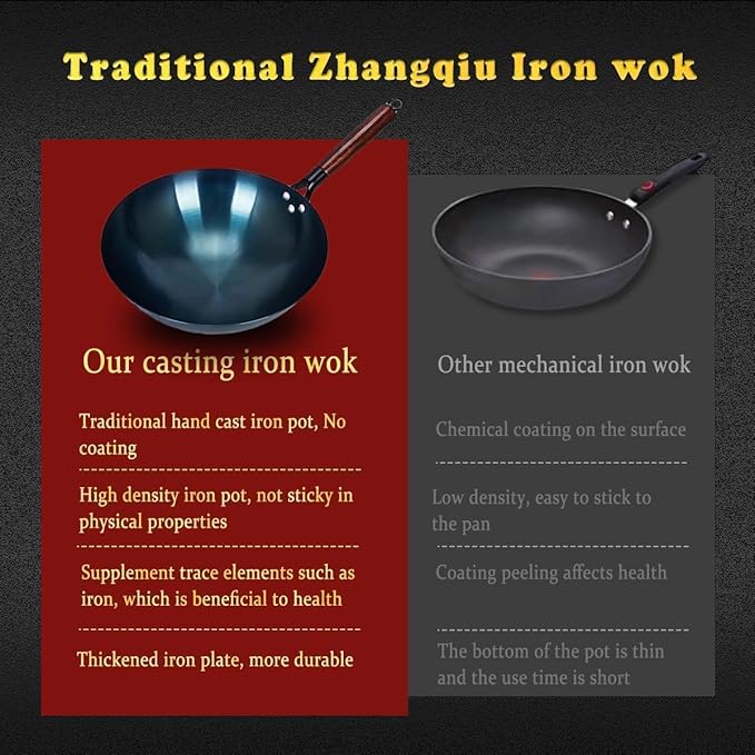 13 Inch Chinese Hand Hammered Iron Wok and Stir Fry Pans with Wooden Handle and Lid Round Bottom Wok Pan Non-stick No Coating Ideal for Home Use and Gift Giving