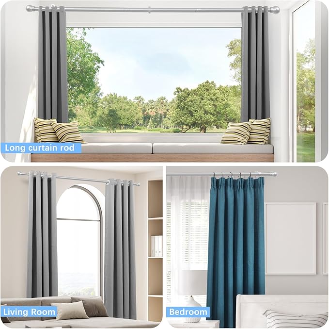 Curtain Rods for Windows 16 to 76 Inches, Curtain Rod Max Adjustable Length of 88 IN, 1" Diameter Drapery Rods Round Finials, Satin Silver, Pack of 1