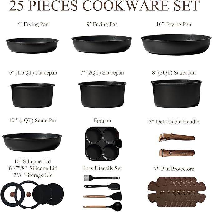 CAROTE 25pcs Pots and Pans Set Non Stick, Cookware Sets, Kitchen Set, Oven/Dishwasher/Fridge Safe, Space Saving Pots Set, Nonstick Set with Versatile Detachable Handle, Induction RV Set, Black