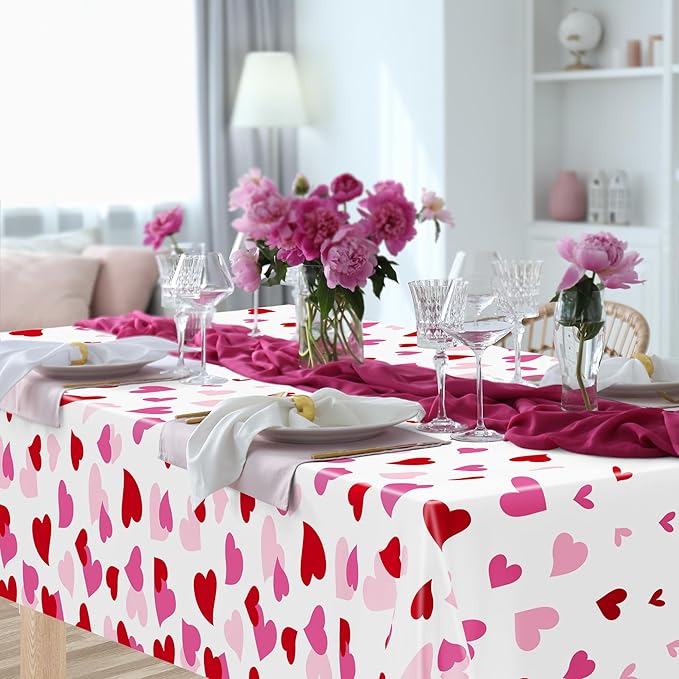 12 Pack Valentines Plastic Tablecloth, 54" x 108" Valentines Decorations, Heart Disposable Red Pink Valentine's Tablecloths Love Party Favors, Love Decorations Table Decor for Birthday Party Supplies